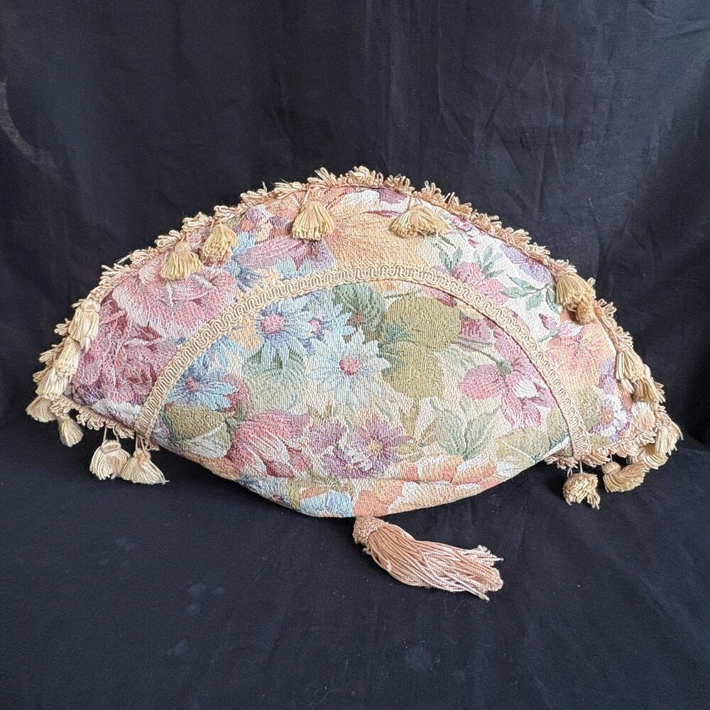 Floral Tapestry Half Moon Accent Pillow Tassel Fringe Velvet Back Cottage Decor